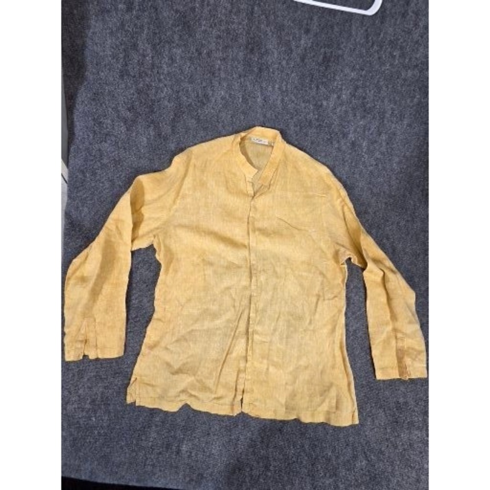 Murano Baird McNutt Luxury Linen Shirt Mens XL Mustard Yellow Band Collar Casual